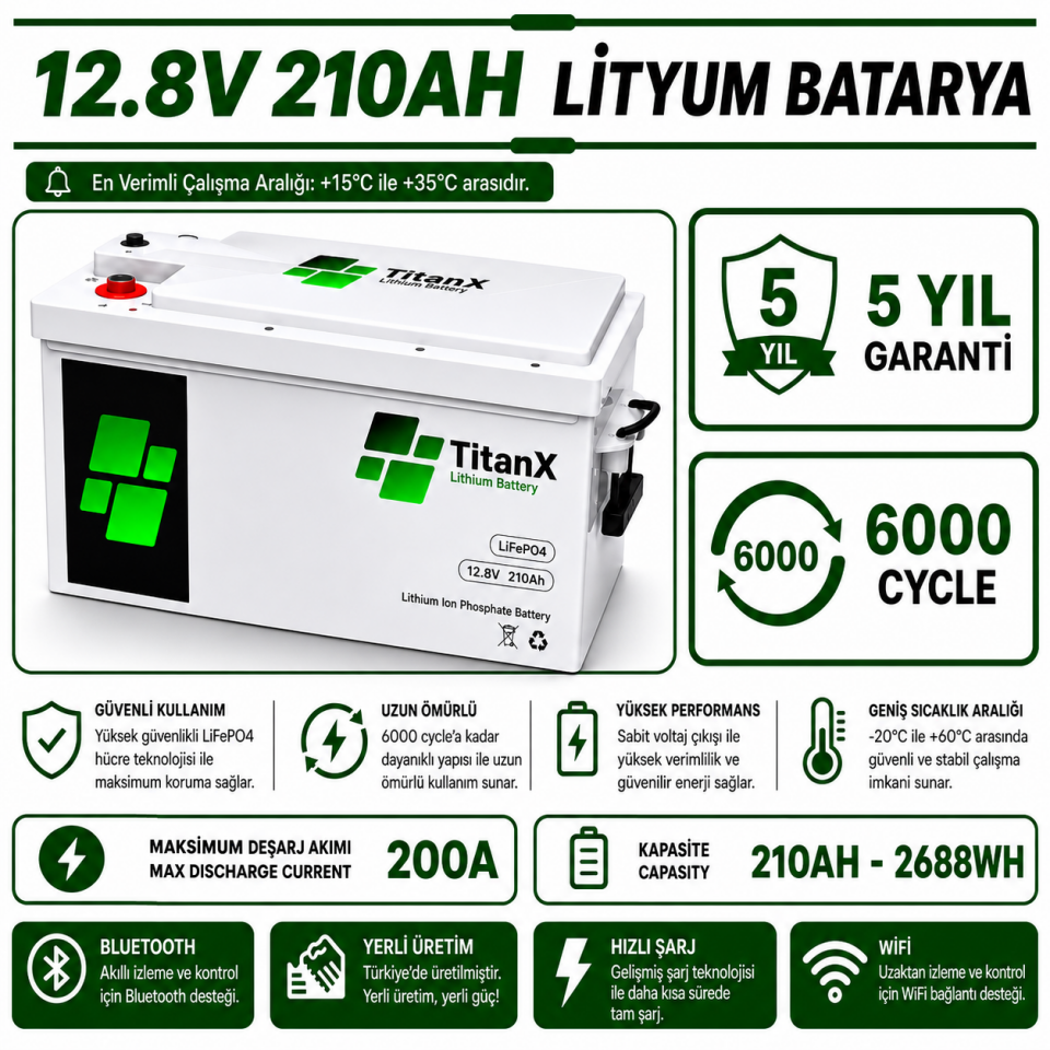 TitanX 12.8V 210Ah Smart LiFePo4 Akü Yüksek Performanslı Enerji Depolama Çözümü - LİTYUM BATARYA