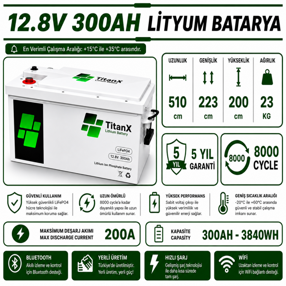 TitanX 12.8V 300Ah Smart LiFePo4 Akü - LİTYUM BATARYA