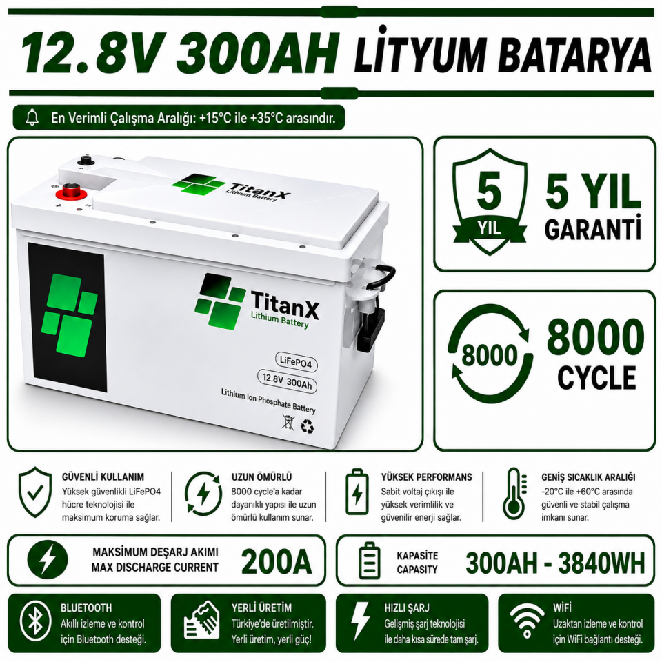 TitanX 12.8V 300Ah Smart LiFePo4 Akü Yüksek Performanslı Enerji Depolama Çözümü - LİTYUM BATARYA