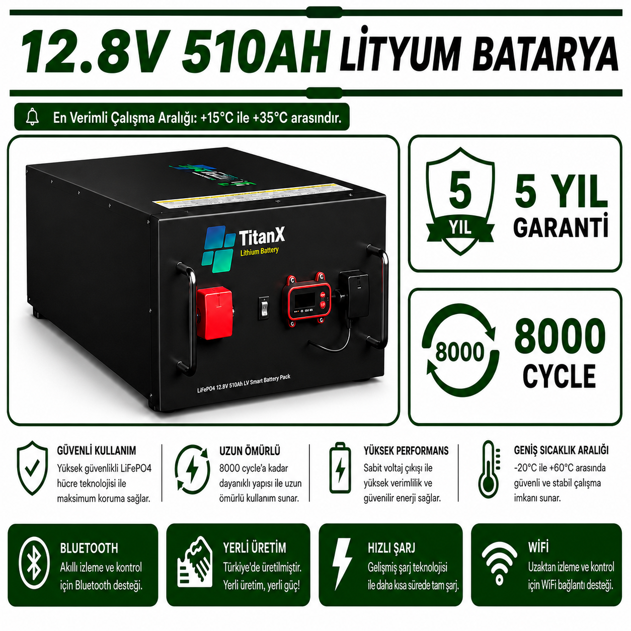 TitanX 12.8V 510AH  Smart LiFePo4 Akü - LİTYUM BATARYA