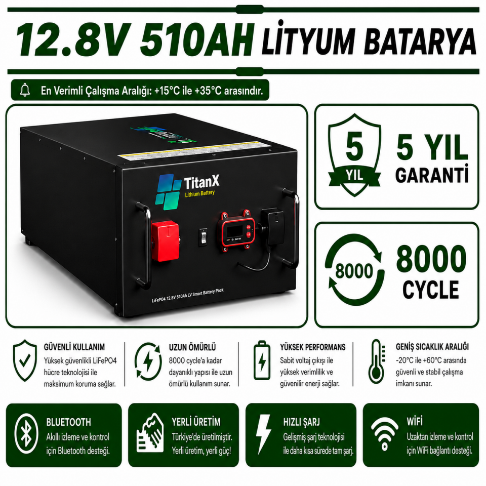 TitanX 12.8V 510AH  Smart LiFePo4 Akü Yüksek Performanslı Enerji Depolama Çözümü - LİTYUM BATARYA