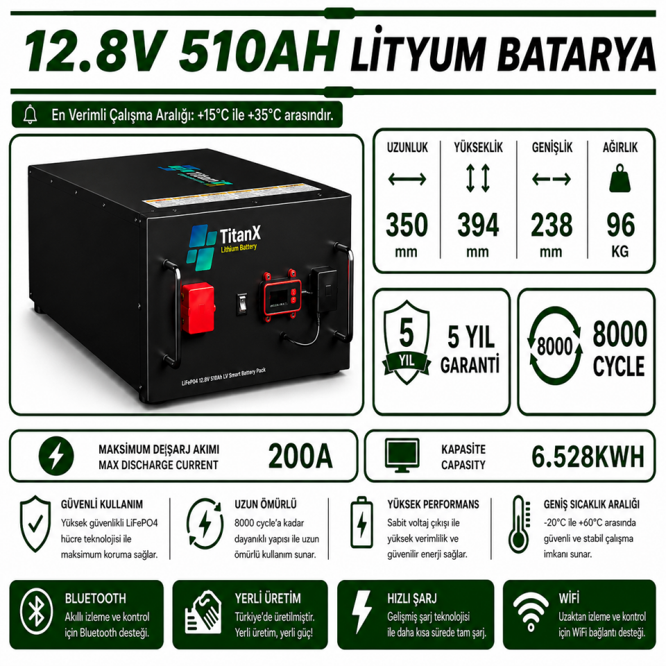 TitanX 12.8V 510AH  Smart LiFePo4 Akü - LİTYUM BATARYA