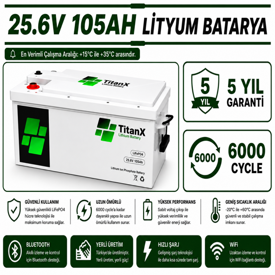 TitanX 25.6V 105AH  Smart LiFePo4 Akü Yüksek Performanslı Enerji Depolama Çözümü - LİTYUM BATARYA