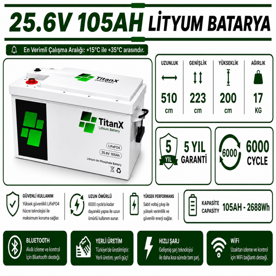 TitanX 25.6V 105AH  Smart LiFePo4 Akü - LİTYUM BATARYA