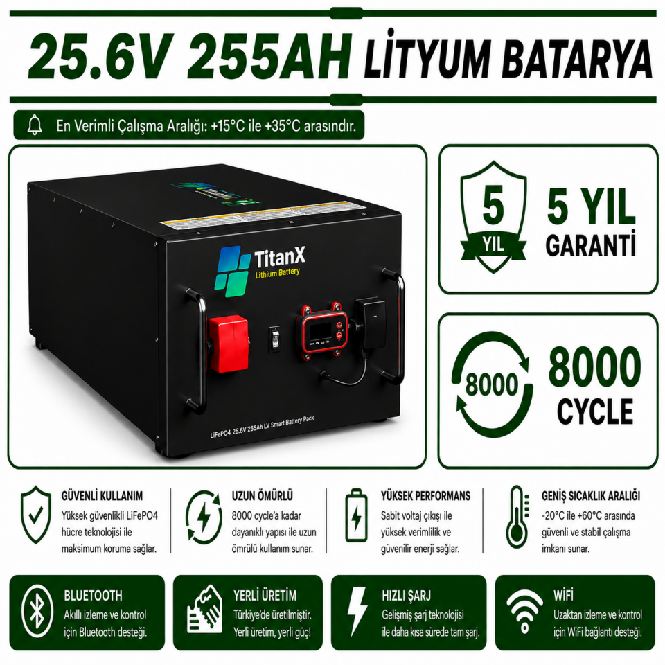 TitanX 25.6V 255AH  Smart LiFePo4 Akü - LİTYUM BATARYA