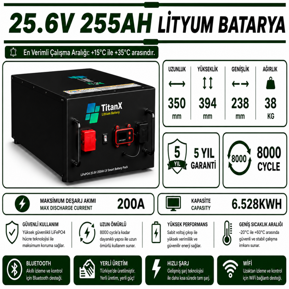 TitanX 25.6V 255AH  Smart LiFePo4 Akü - LİTYUM BATARYA