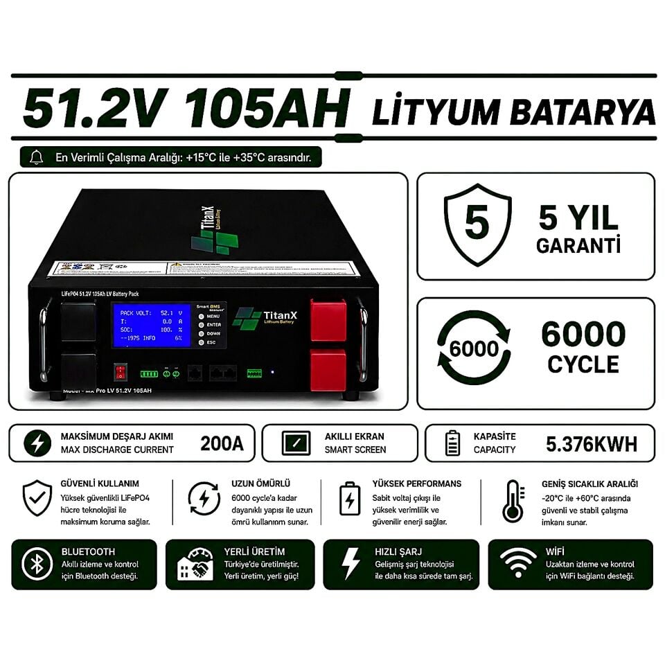 TitanX 51.2V 105Ah Mrx Pro Energy Storage System LiFePO4 Akü-Lityum Batarya