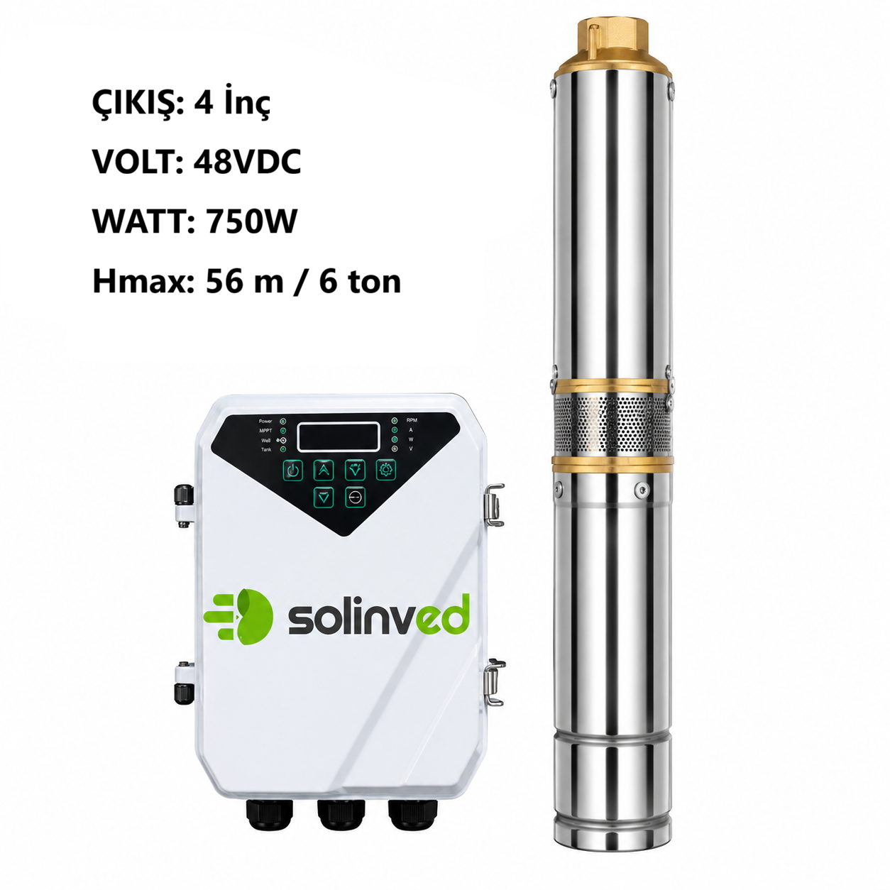 SOLINVED DC Pompa 4 İnç 48 Volt 750 Watt 6 Ton HMAX: 56 mt Outlet: 1,25