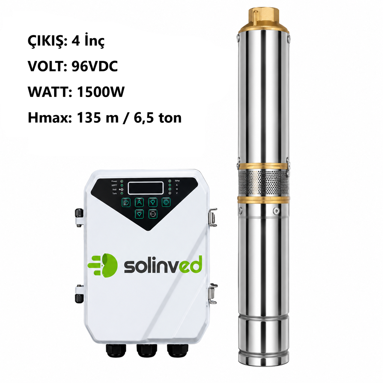 SOLINVED DC Pompa 4 İnç 96 Volt 1500 Watt 6,5 Ton HMAX: 135 mt Outlet: 1,25