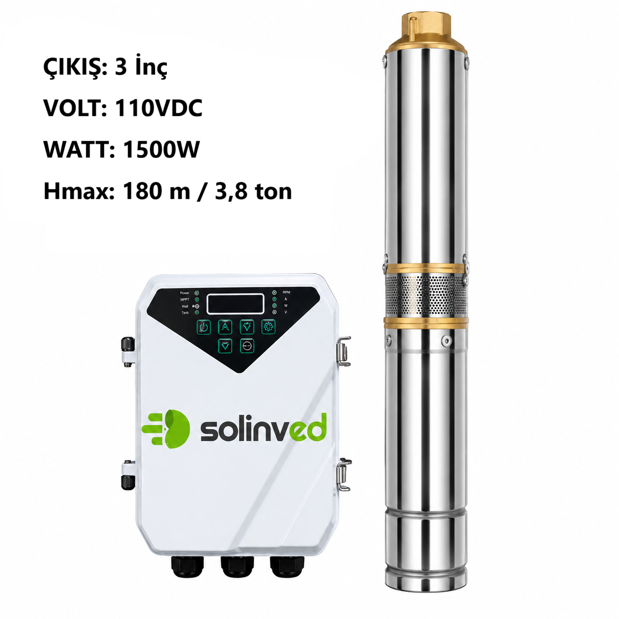 SOLINVED Premium DC Pompa - 3 İnç - 110 Volt - 1500 Watt - 3,8 Ton - Hmax: 180 Mt - Outlet: 1,25