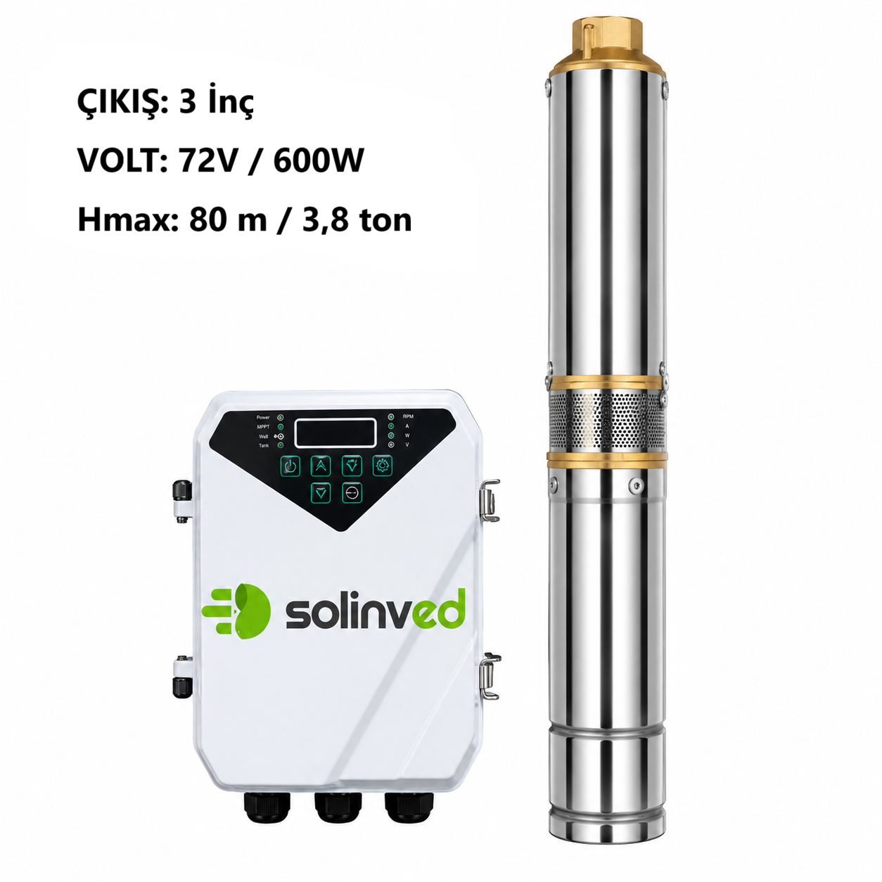 SOLINVED DC Pompa 3 İnç 72 Volt 600 Watt 3,8 Ton HMAX: 80 mt Outlet: 1,25