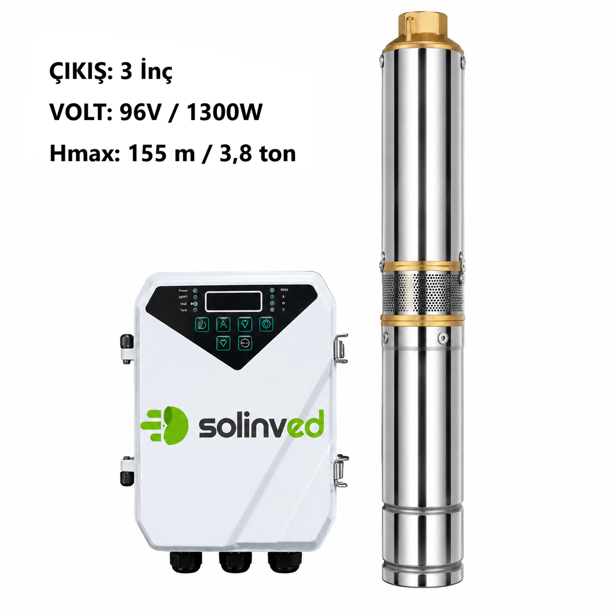 SOLINVED DC Pompa 3 İnç 96 Volt 1300 Watt 3,8 Ton HMAX: 155 mt Outlet: 1,25