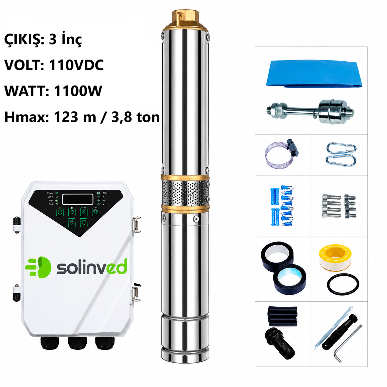 SOLINVED  Premium DC Pompa - 3 İnç - 110 Volt - 1100 Watt - 3,8 Ton - Hmax: 123 Mt - Outlet: 1,25
