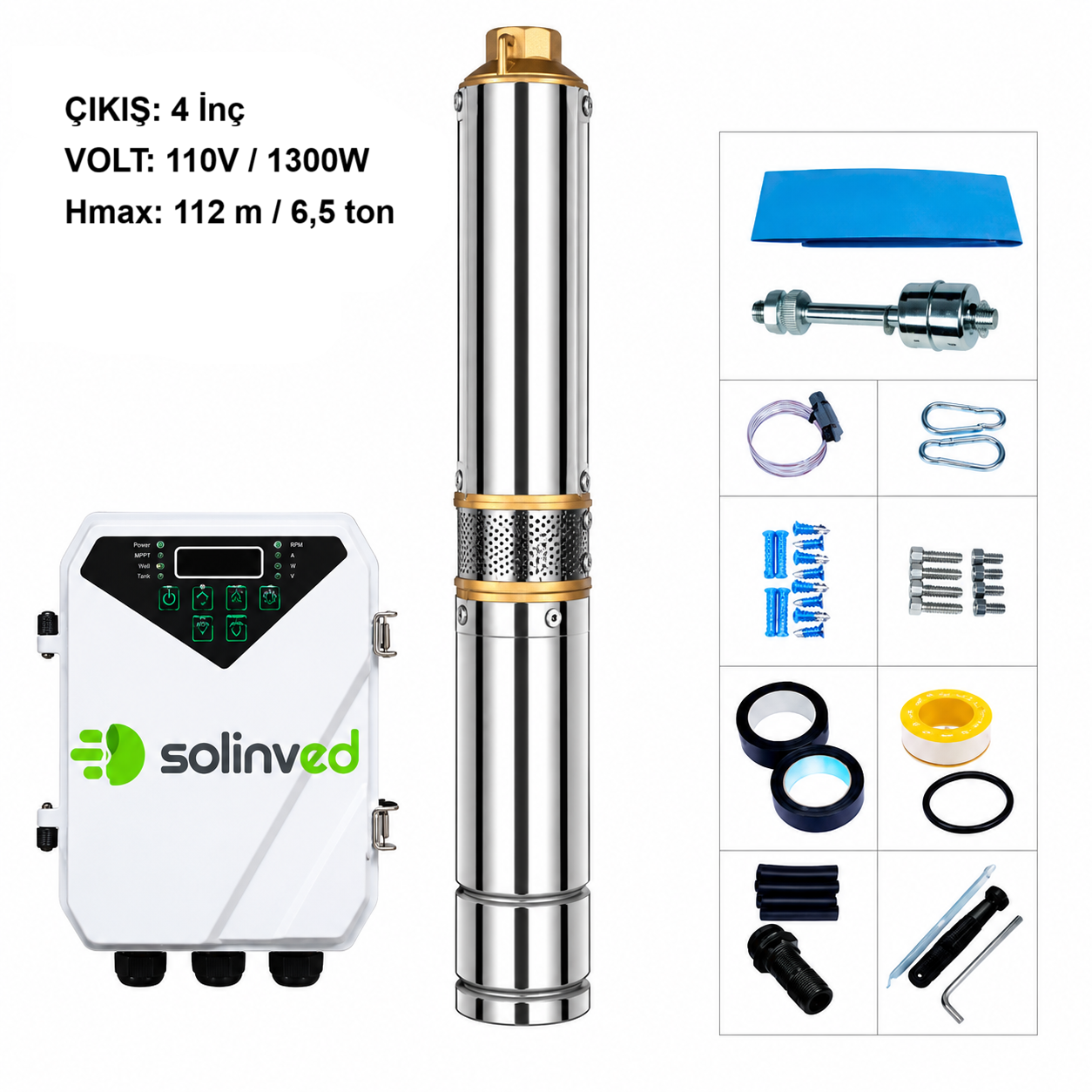 SOLINVED Premium DC Pompa 4 İnç 110 Volt 1300 Watt 6.5 Ton HMAX: 112 mt Outlet: 1,25