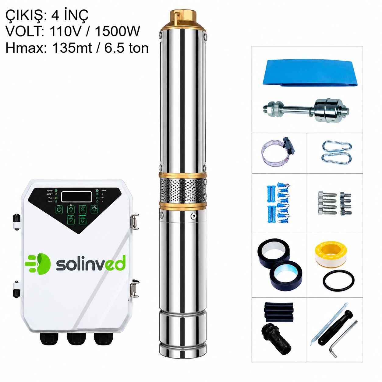 SOLINVED Premium DC Pompa 4 İnç 110 Volt 1500 Watt 6.5 Ton HMAX: 135 mt Outlet: 1,25