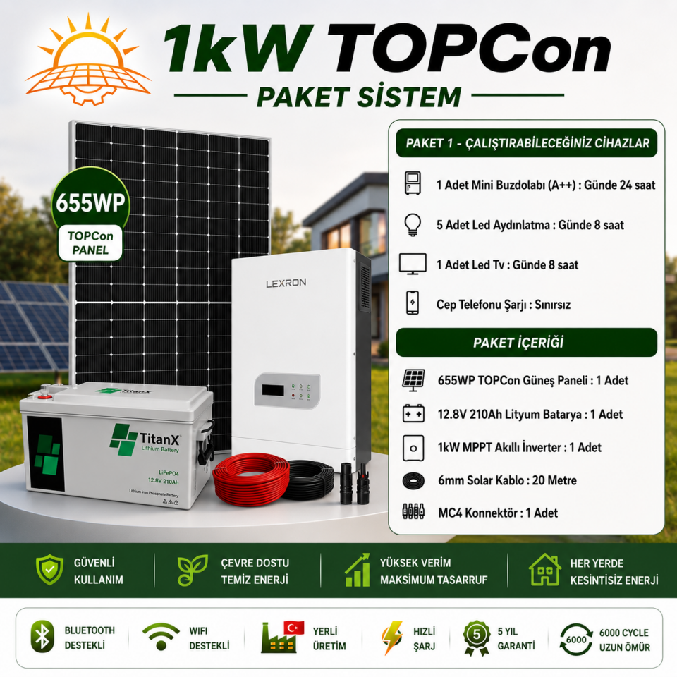 1 KW TOPCON LİTYUM BATARYALI PAKET SİSTEMLERİ (PAKET 1)