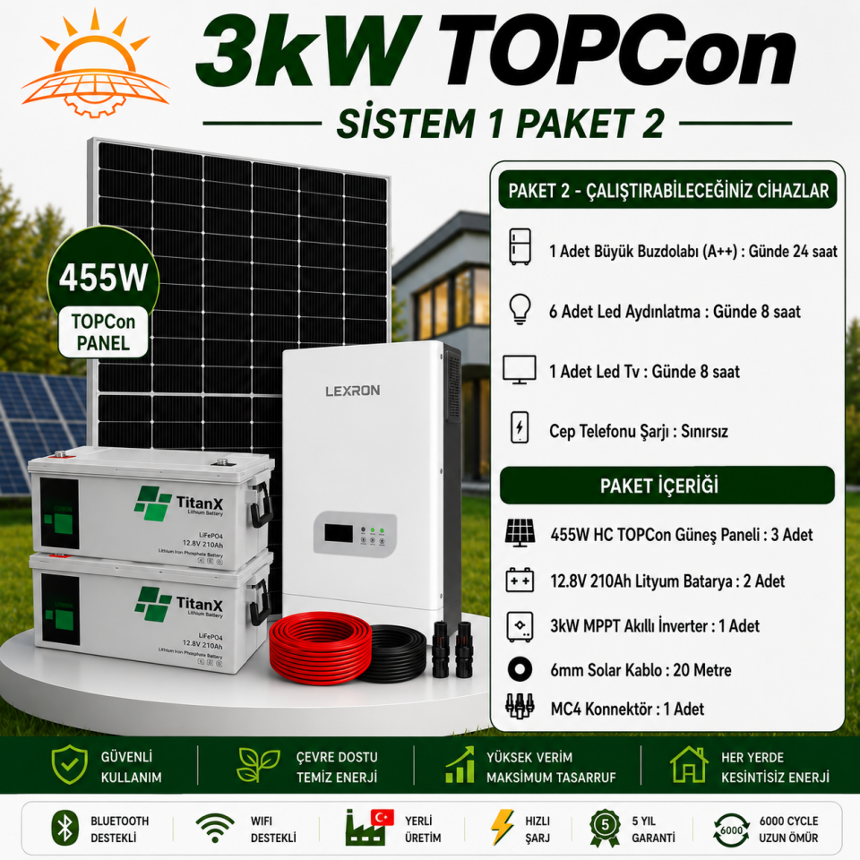 3 KW TOPCON LİTYUM BATARYALI PAKET SİSTEMLERİ (PAKET2)