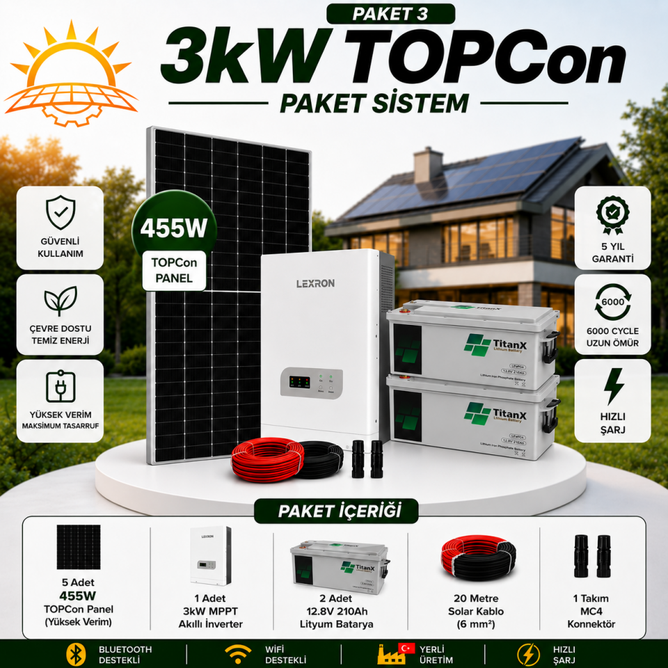 3 KW TOPCON LİTYUM BATARYALI PAKET SİSTEMLER (PAKET 3)