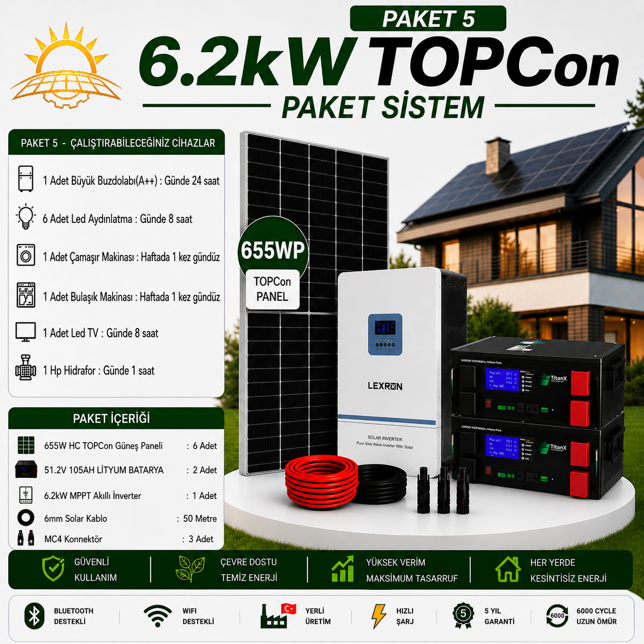 6.2 KW TOPCON LİTYUM BATARYALI PAKET SİSTEMLERİ ( PAKET 5)