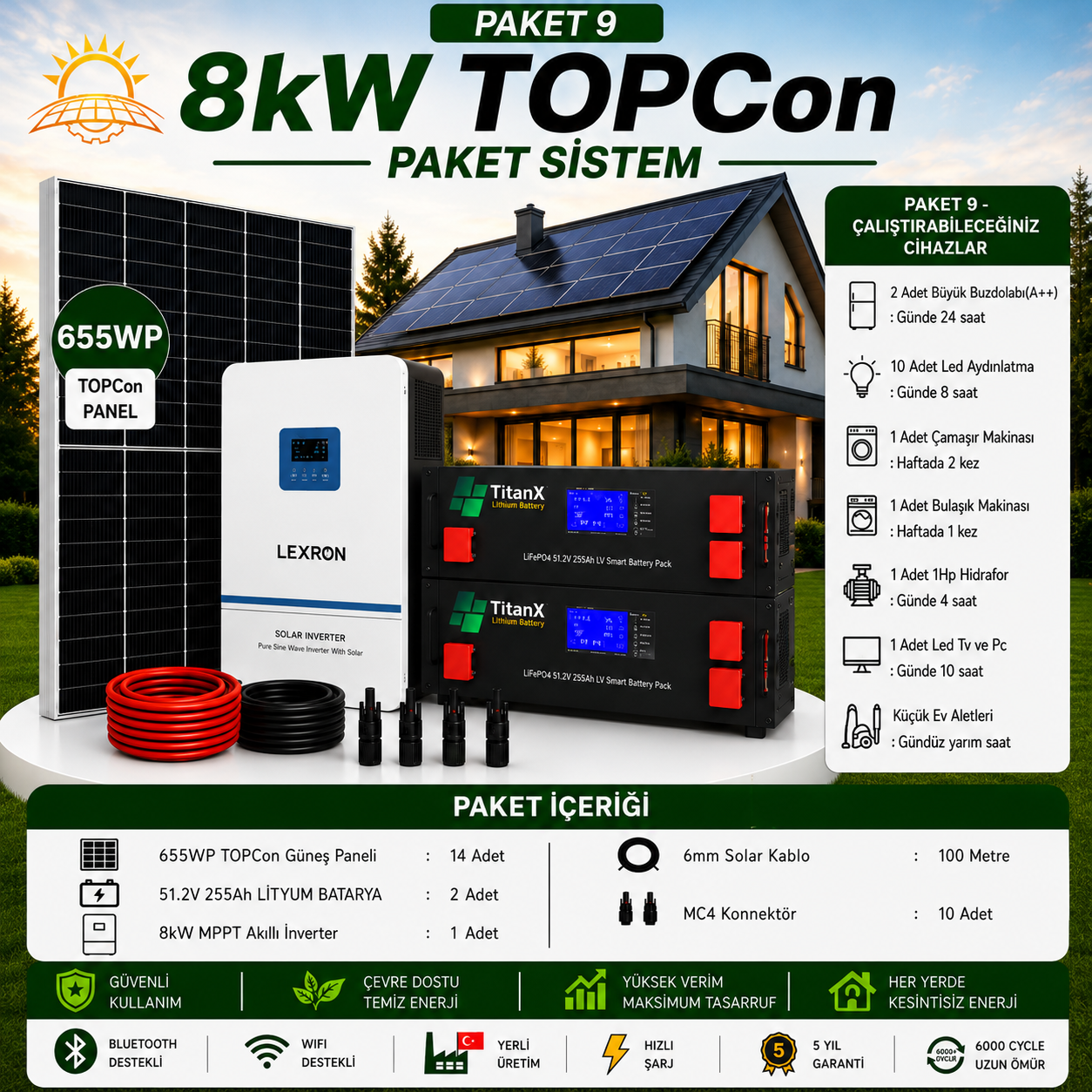 8KW TOPCON LİTYUM BATARYALI PAKET SİSTEMLERİ ( PAKET 9)