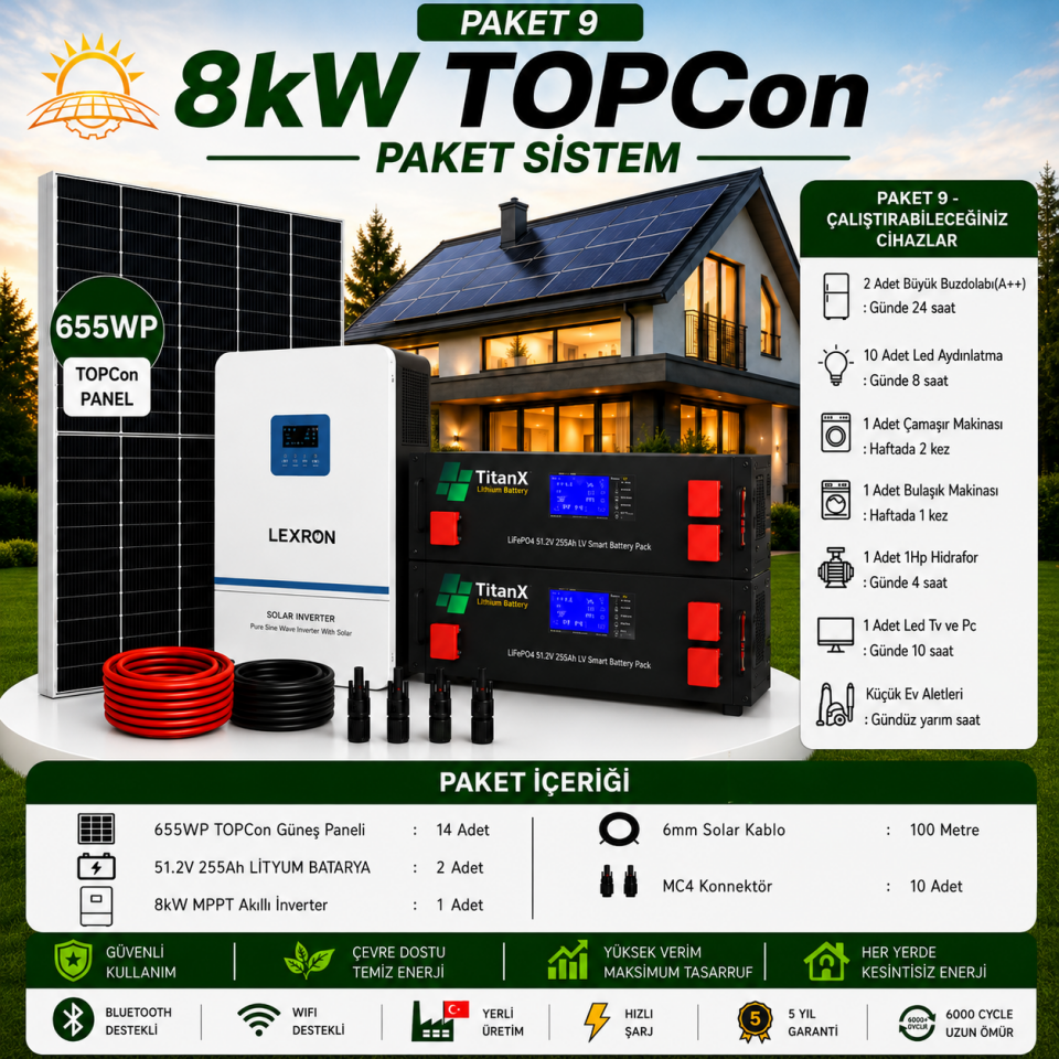8KW TOPCON LİTYUM BATARYALI PAKET SİSTEMLERİ ( PAKET 9)