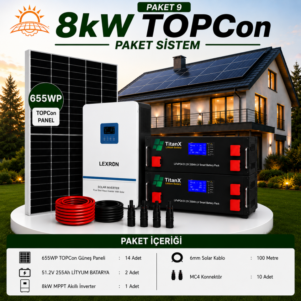 8KW TOPCON LİTYUM BATARYALI PAKET SİSTEMLERİ ( PAKET 9)