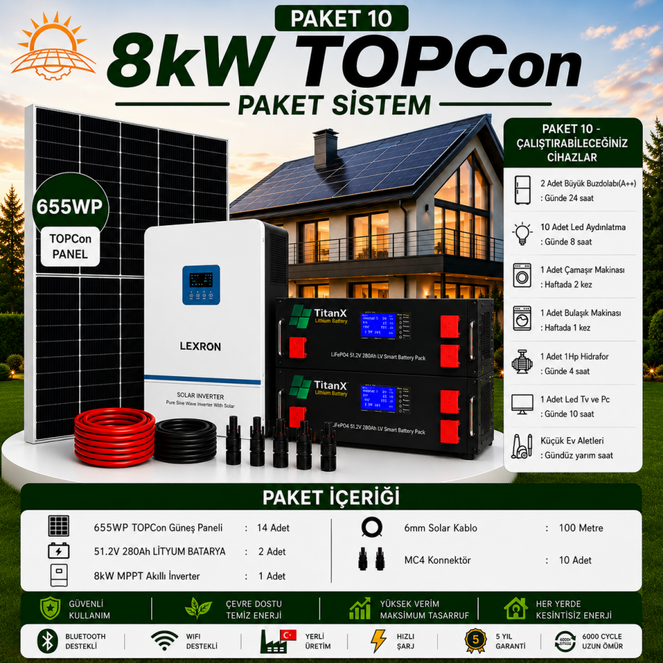 8 KW TOPCON LİTYUM BATARYALI PAKET SİSTEMLERİ ( PAKET 10)