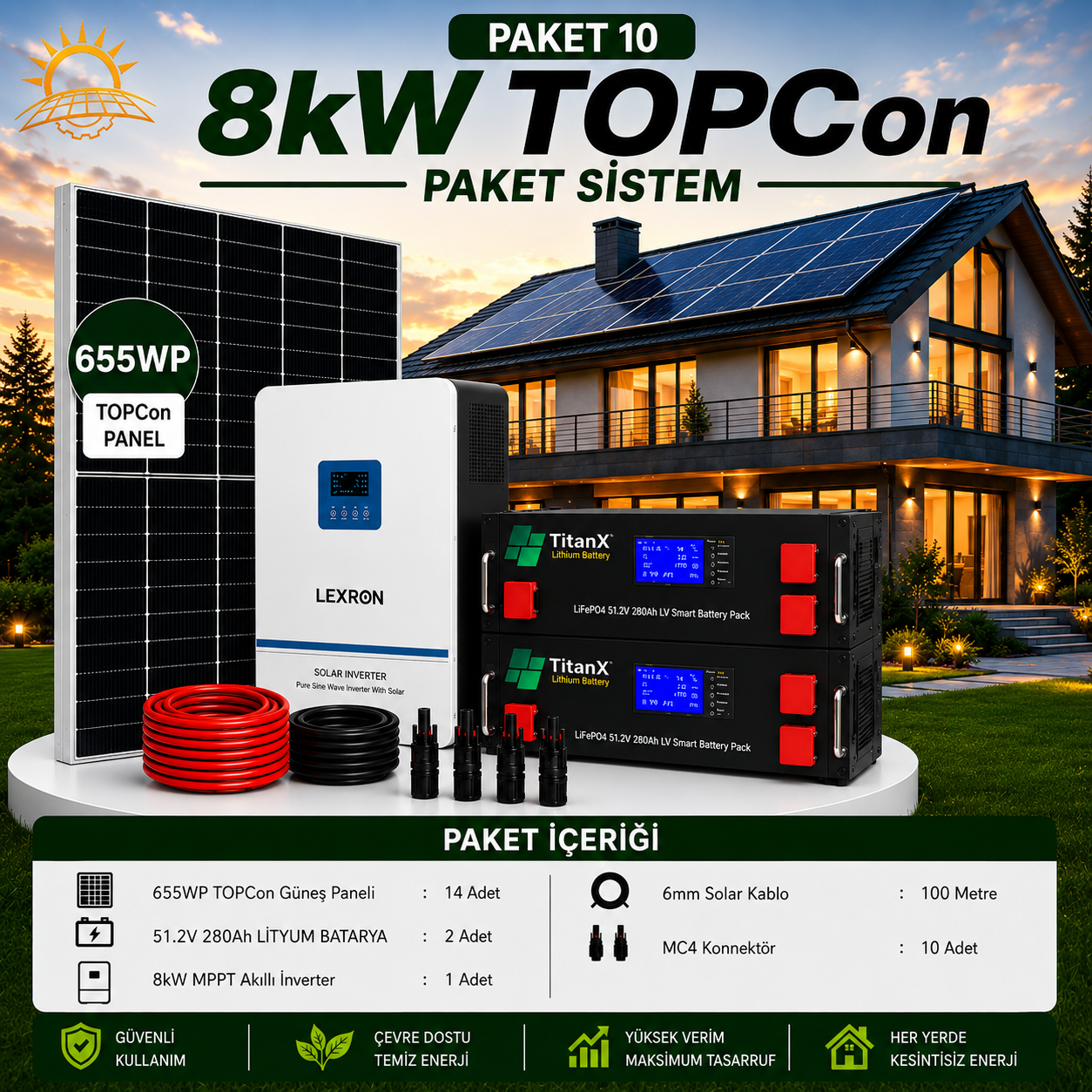 8 KW TOPCON LİTYUM BATARYALI PAKET SİSTEMLERİ ( PAKET 10)