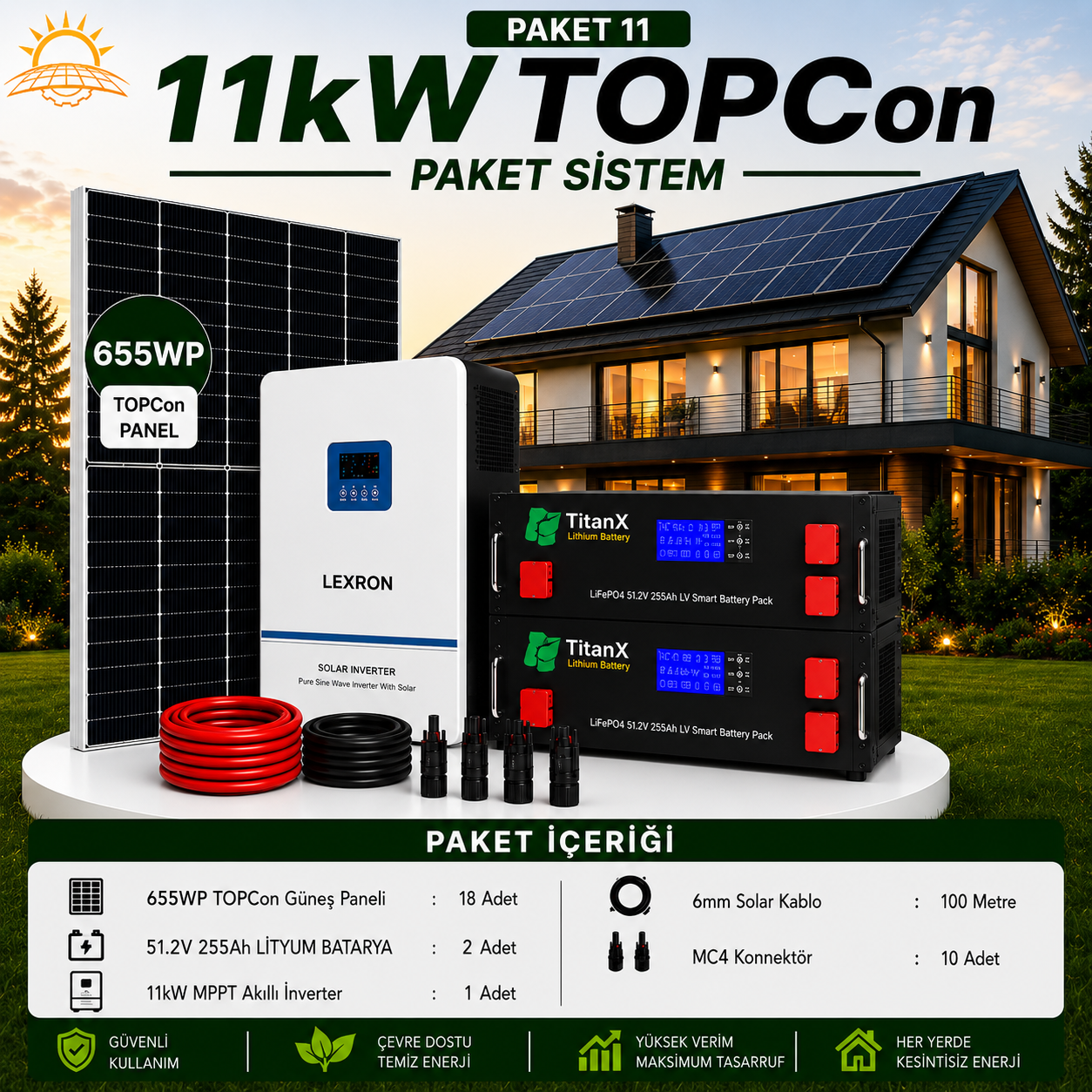11 KW TOPCON LİTYUM BATARYALI PAKET SİSTEMLERİ ( PAKET 11)