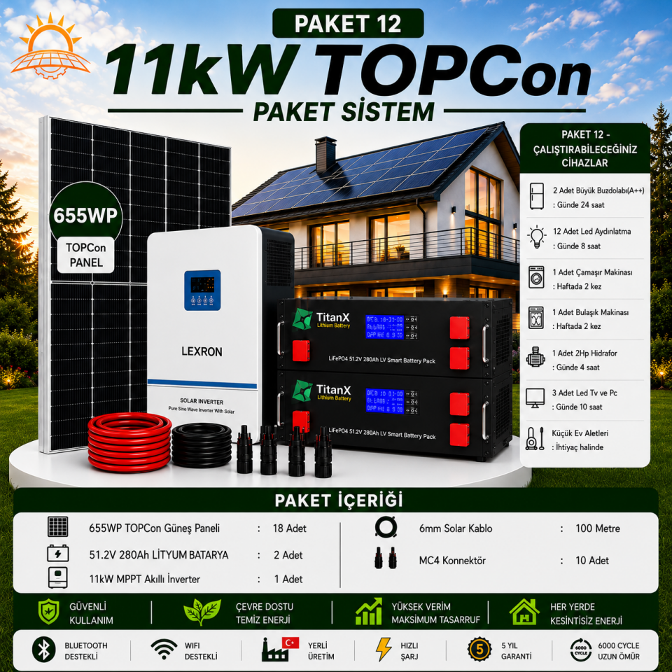 11 KW TOPCON LİTYUM BATARYALI PAKET SİSTEMLERİ ( PAKET 12)