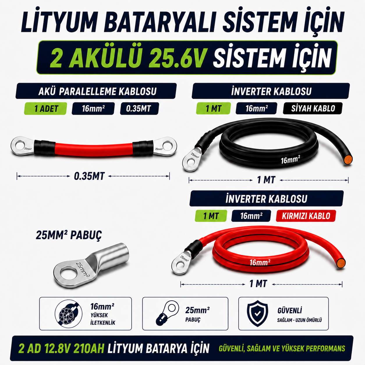2 ADET 12.8V 210Ah LİTYUM BATARYA UYUMLU 25.6V BAĞLANTI VE MONTAJ SETİ