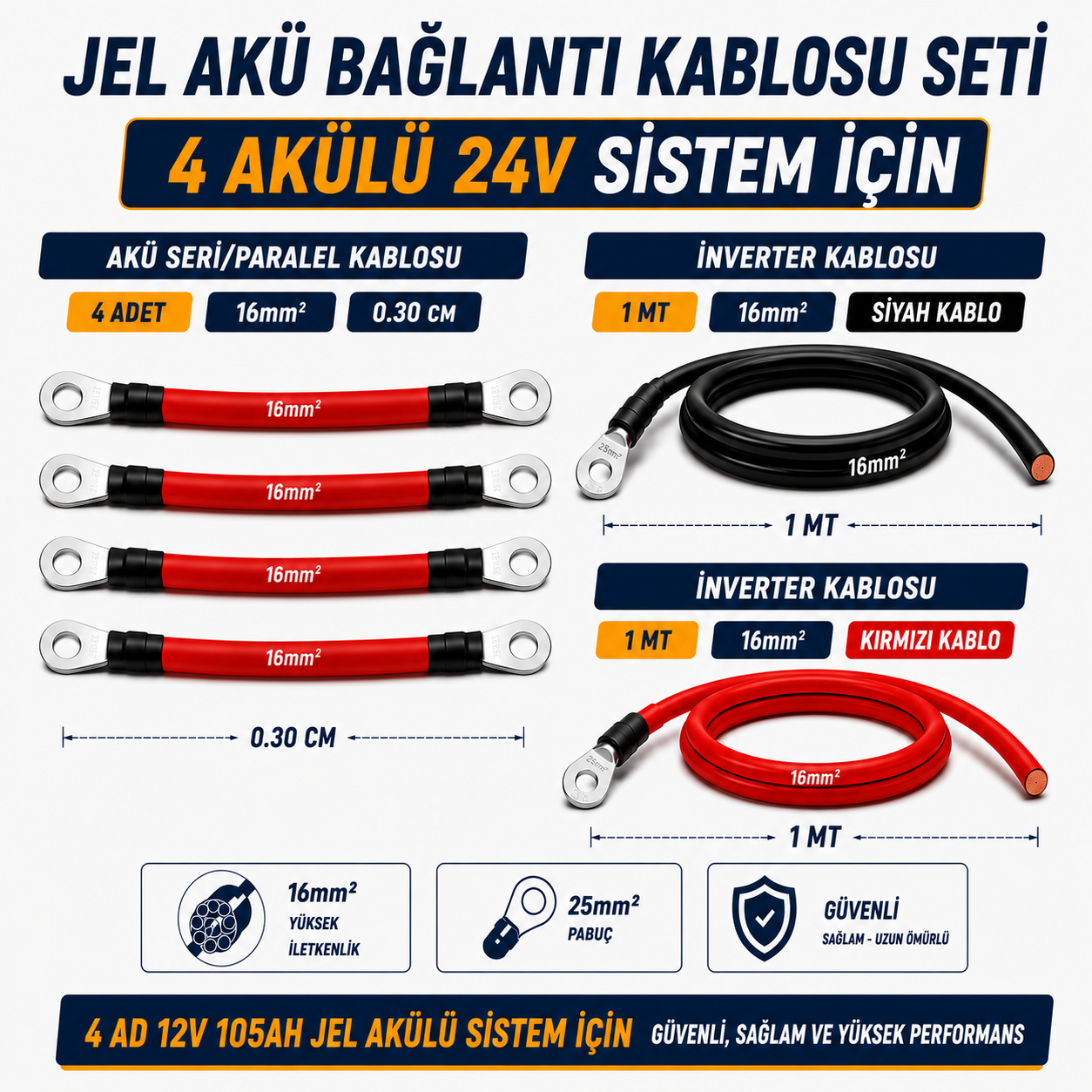 4 ADET 12V 105AH JEL AKÜ UYUMLU 24V BAĞLANTI VE MONTAJ SETİ