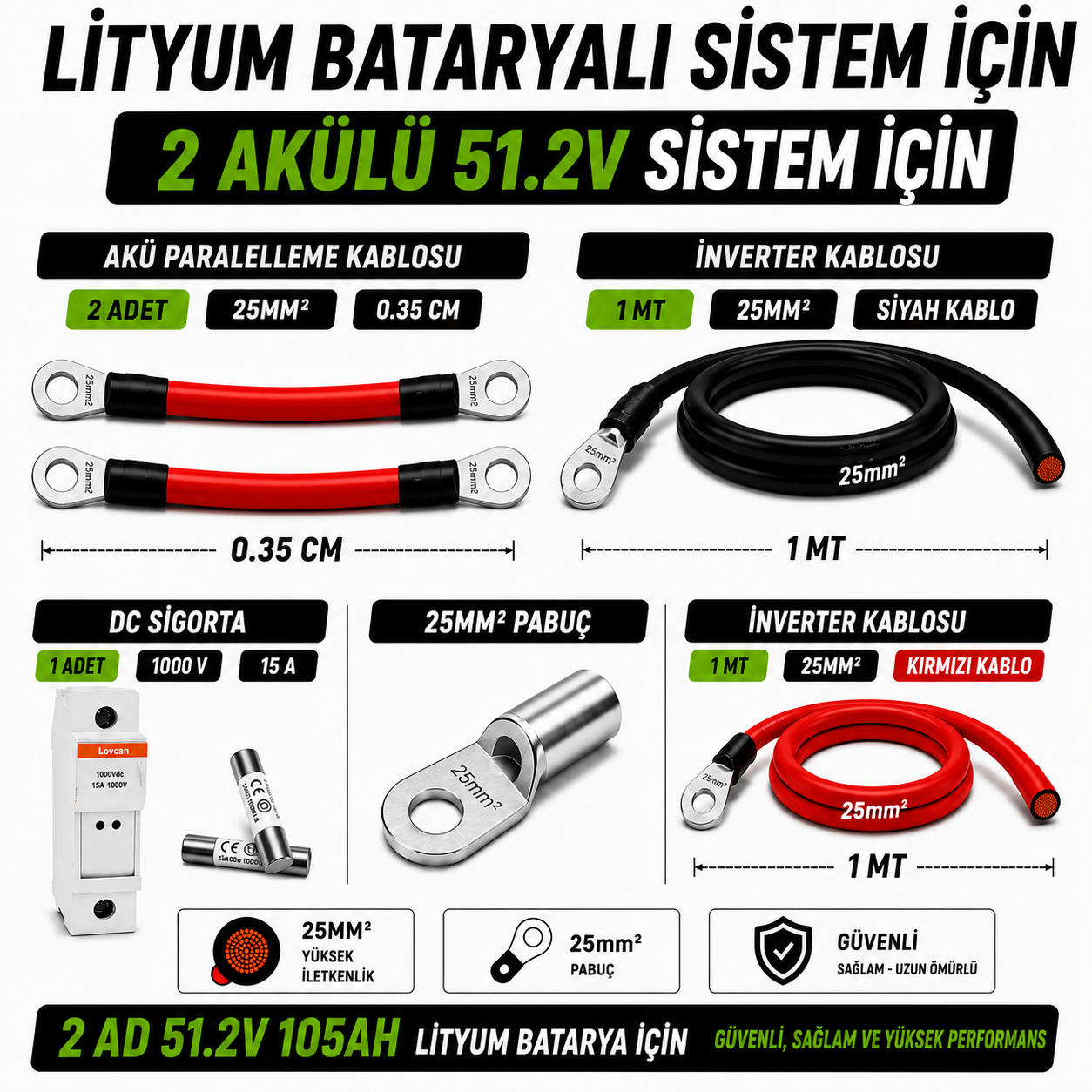 2 ADET 51.2V 105Ah LİTYUM BATARYA UYUMLU BAĞLANTI VE MONTAJ SETİ