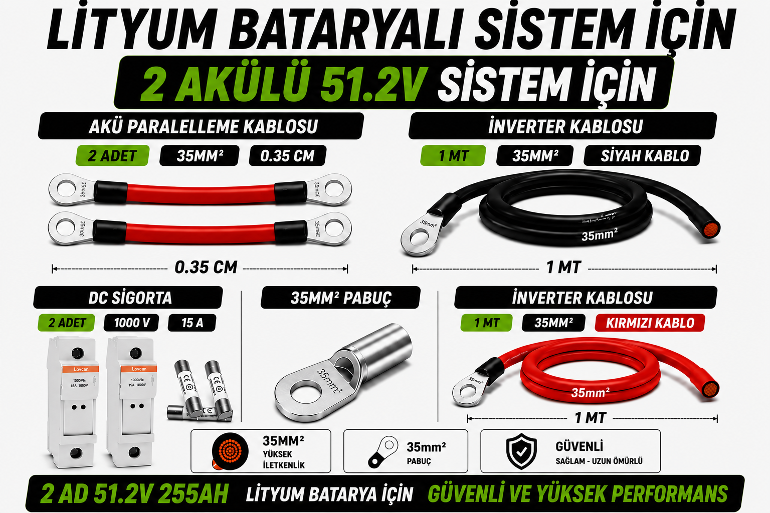 2 ADET LİTYUM BATARYALI 51.2 V 255 AH SİSTEM İÇİN MONTAJ EKİPMANLARI