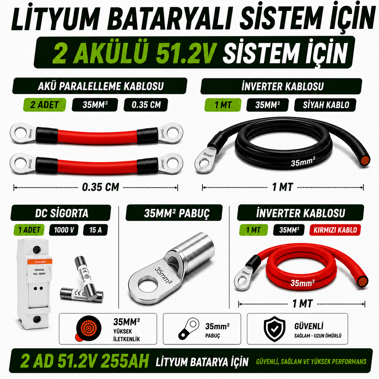 2 ADET 51.2V 255Ah LİTYUM BATARYA UYUMLU BAĞLANTI VE MONTAJ SETİ