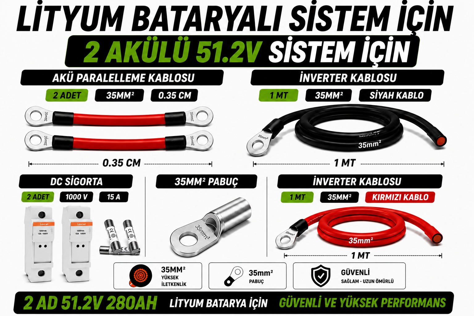 2 ADET LİTYUM BATARYALI 51.2 V 280AH SİSTEM İÇİN MONTAJ EKİPMANLARI