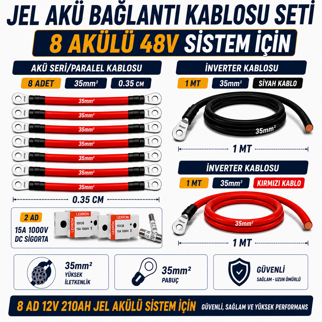 8 ADET 12V 210Ah JEL AKÜ UYUMLU 48V BAĞLANTI VE MONTAJ SETİ