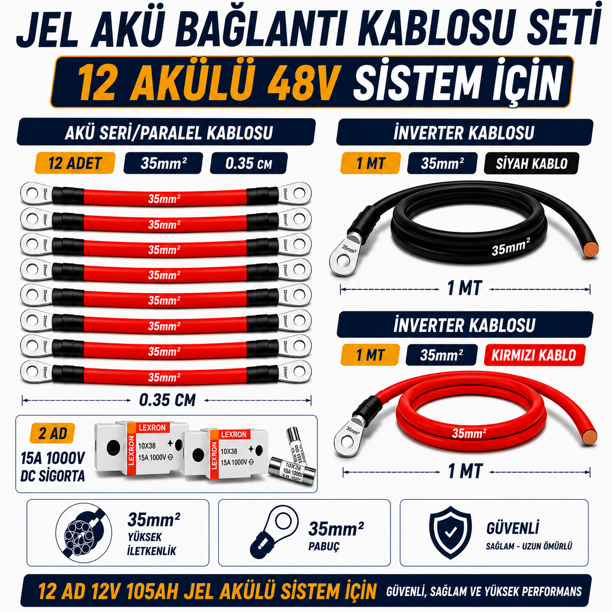12 ADET 12V 105Ah JEL AKÜ UYUMLU 48V BAĞLANTI VE MONTAJ SETİ