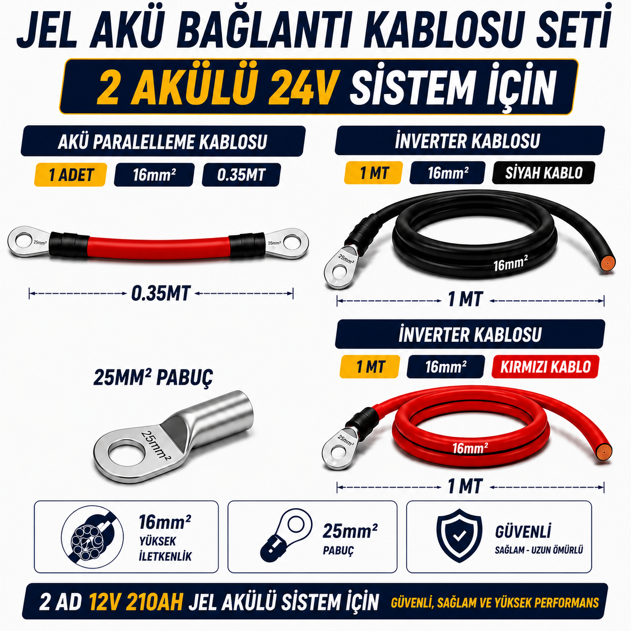 2 ADET 12V 210AH JEL AKÜ UYUMLU 24V BAĞLANTI VE MONTAJ SETİ