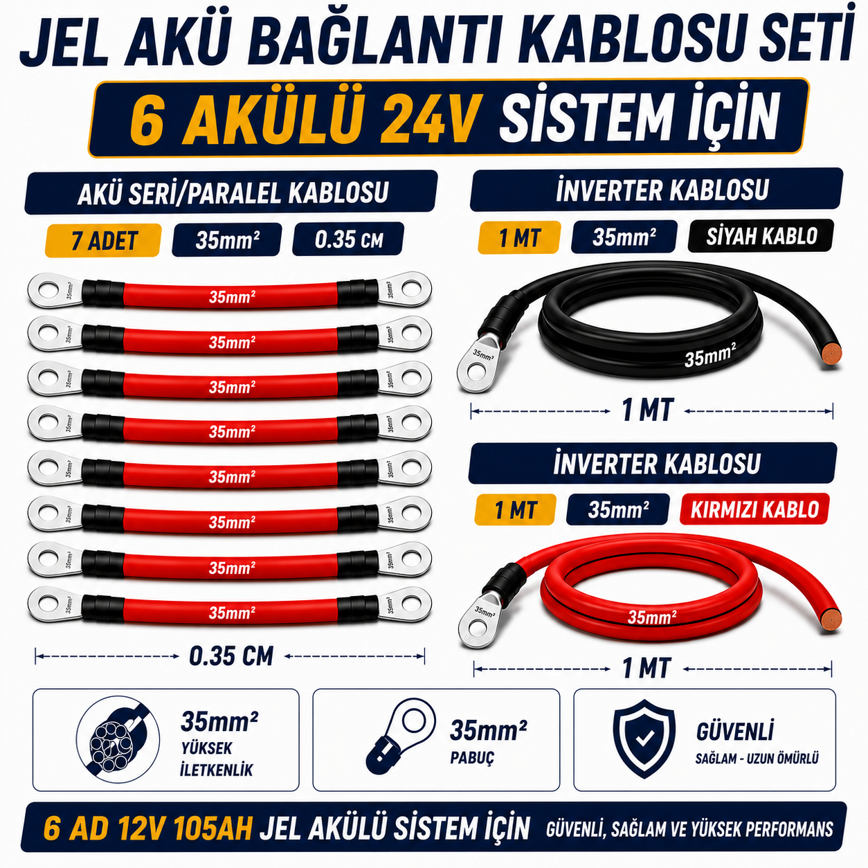 6 ADET 12V 105AH JEL AKÜ UYUMLU 24V BAĞLANTI VE MONTAJ SETİ