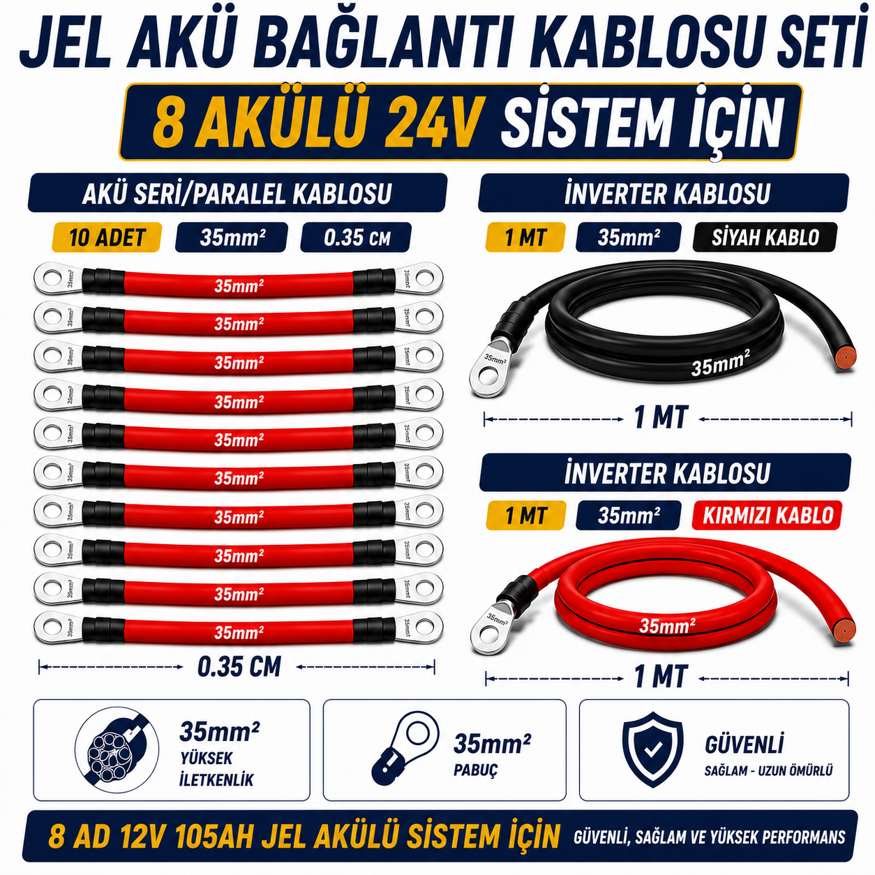8 ADET 12V 105Ah JEL AKÜ UYUMLU 24V BAĞLANTI VE MONTAJ SETİ