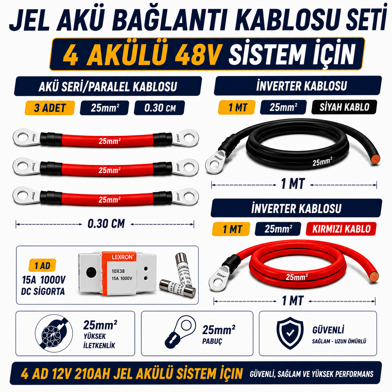 4 ADET 12V 210Ah JEL AKÜ UYUMLU 48V BAĞLANTI VE MONTAJ SETİ