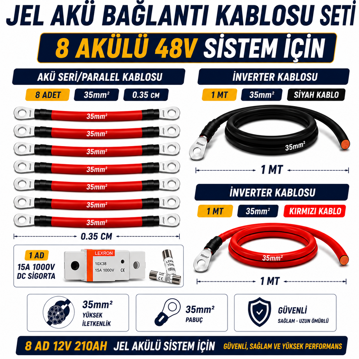 8 ADET 12V 210Ah JEL AKÜ UYUMLU 48V BAĞLANTI VE MONTAJ SETİ