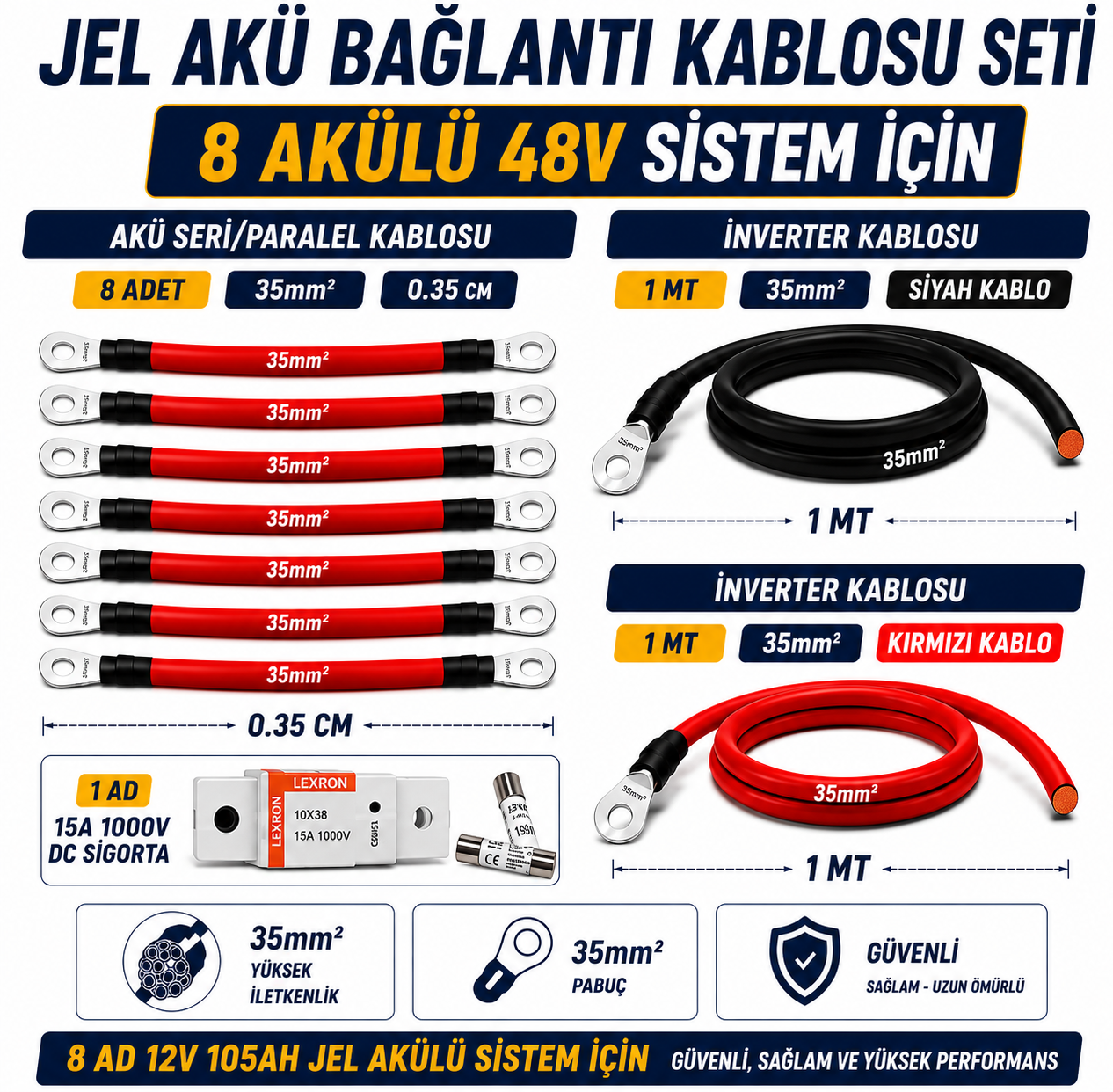 8 ADET 12V 105Ah JEL AKÜ UYUMLU 48V BAĞLANTI VE MONTAJ SETİ