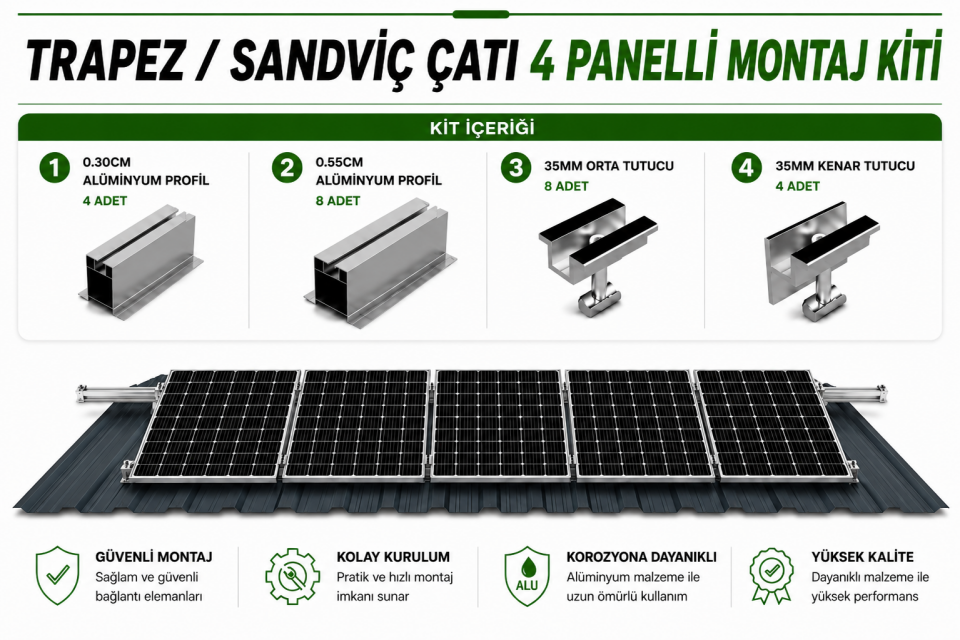 4 PANELLİ GÜNEŞ PANELİ MONTAJ KİTİ