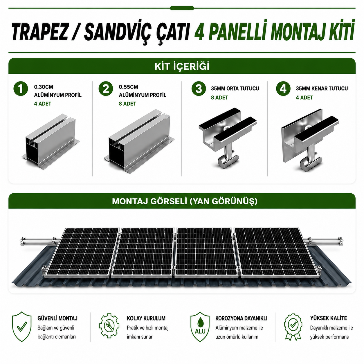 4 ADET GÜNEŞ PANELİ İÇİN ÇATI MONTAJ KİTİ