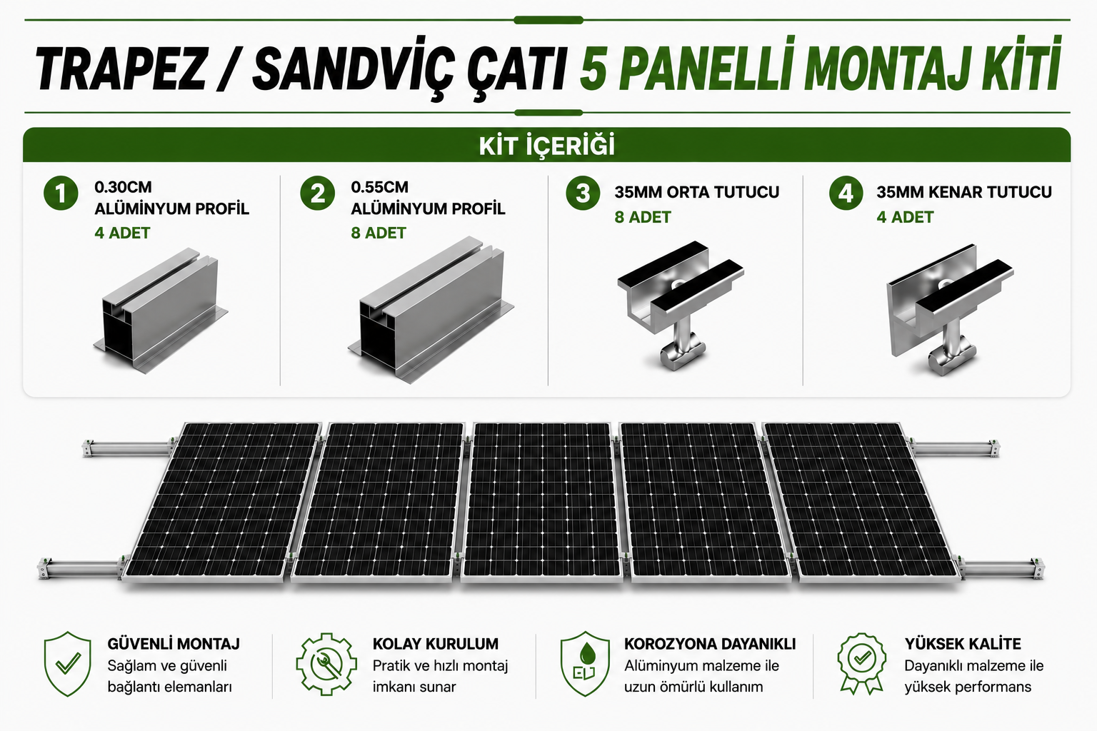 5 PANELLİ GÜNEŞ PANELİ MONTAJ KİTİ