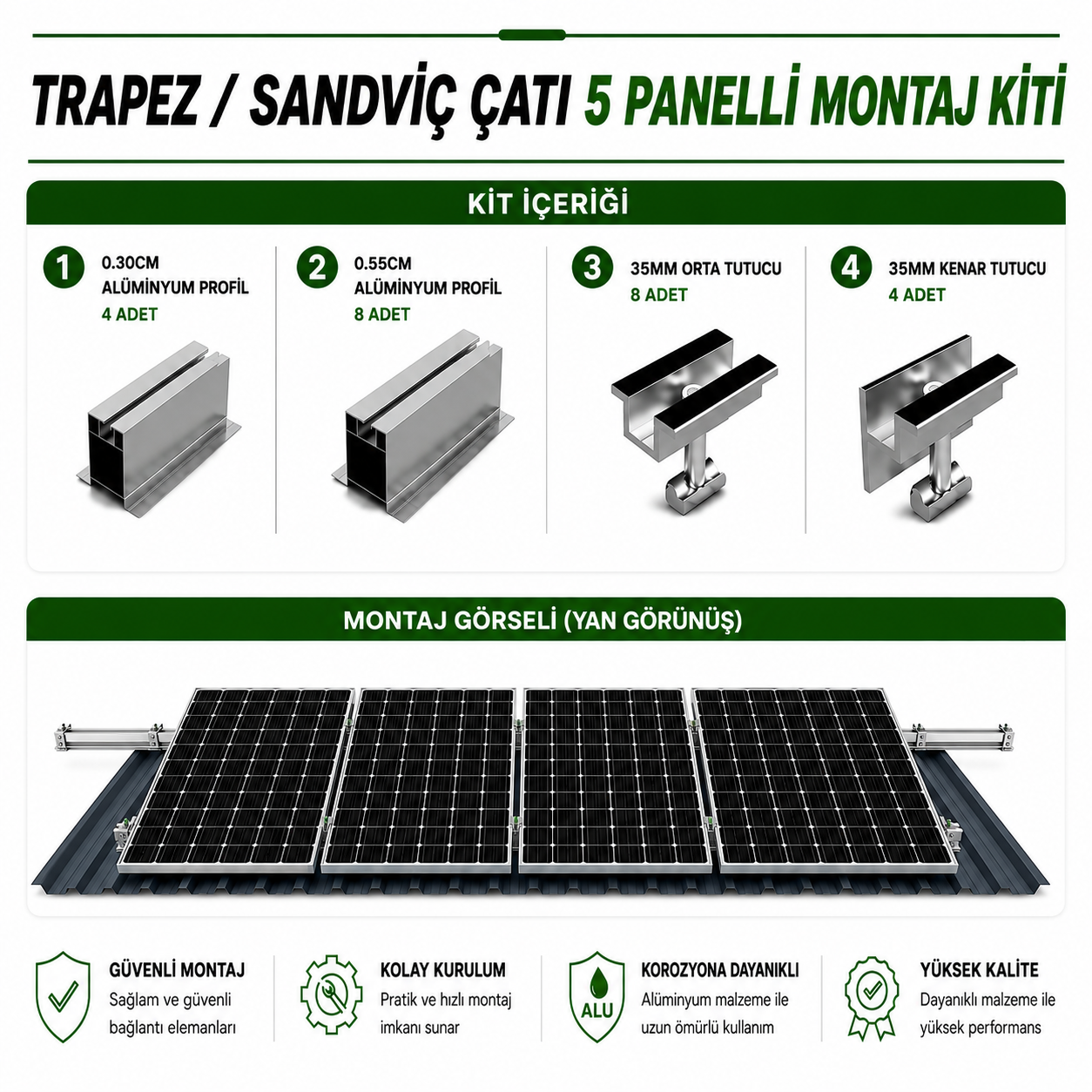 5 ADET GÜNEŞ PANELİ İÇİN ÇATI MONTAJ KİTİ