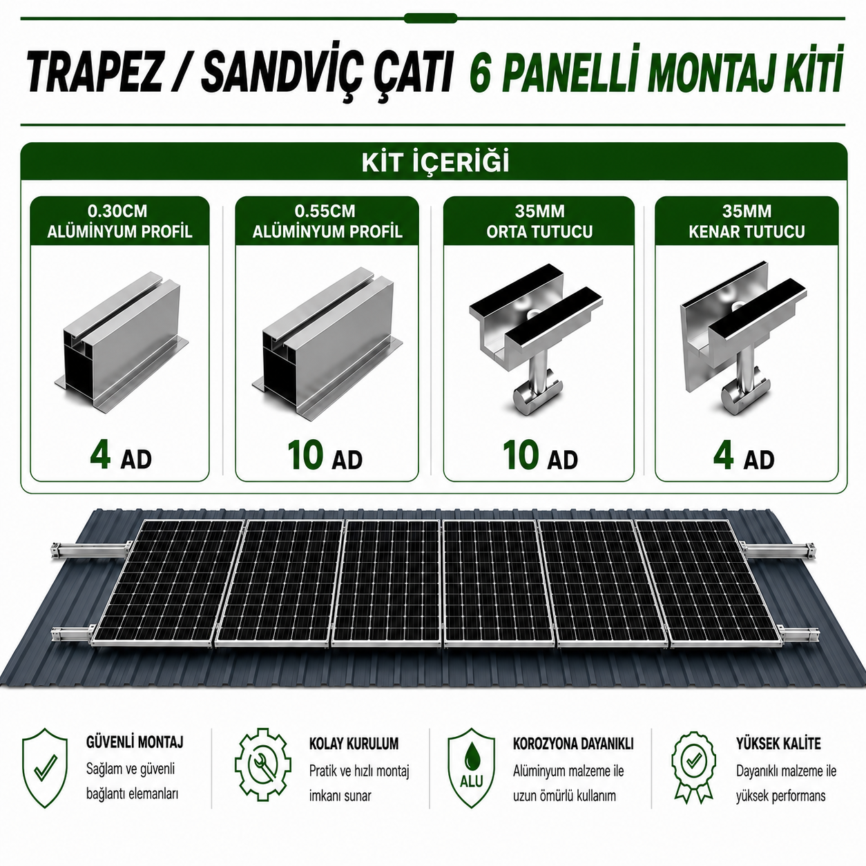 6 ADET GÜNEŞ PANELİ İÇİN ÇATI MONTAJ KİTİ