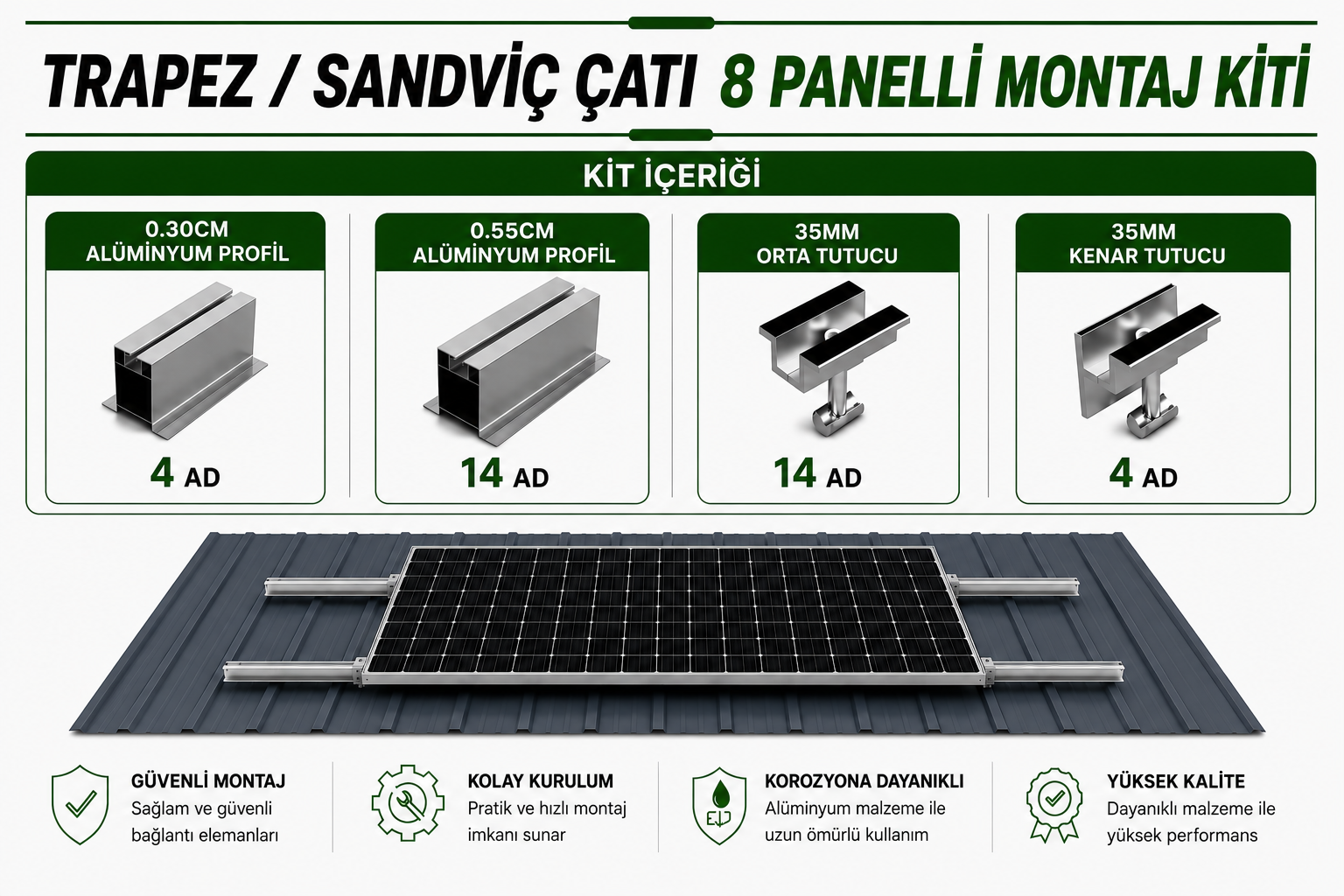 8 PANELLİ GÜNEŞ PANELİ MONTAJ KİTİ